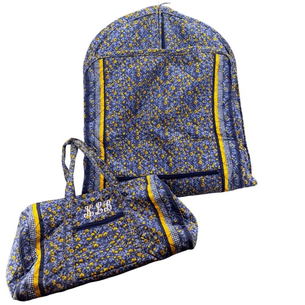 Lillian Vernon Garment Bag and Duffle Bag Set Blue Floral Quilted Travel Vintage